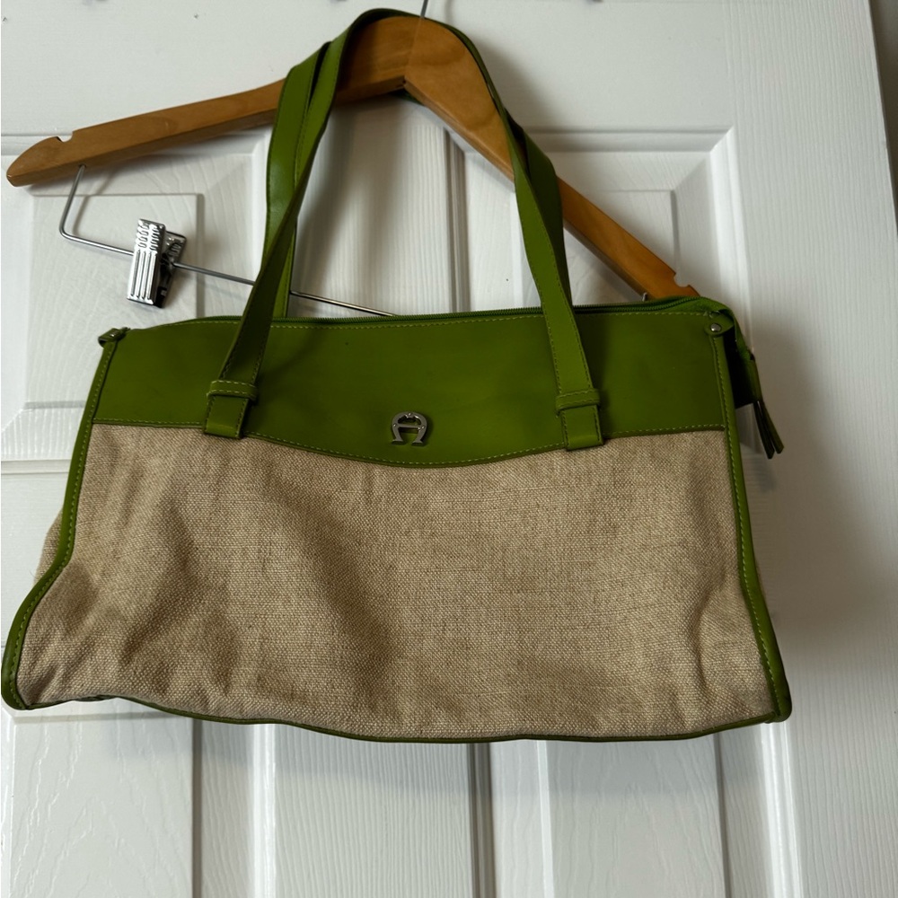 Etienne Aigner Green & Beige Rayon, Cotton Handbag Purse